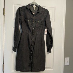 NWT Jessica Simpson Women's Black Washed Long Sleeve Snap Light Denim Dress XS